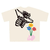 American Retro Street Punk Style Skull Flower Cute Printed T-shirt Top Gothic