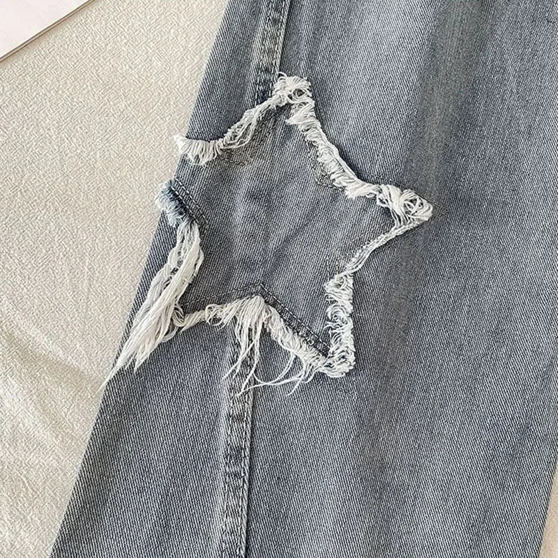 Harajuku Retro Star Women 2024 Straight Denim Street Loose Wide Leg Trousers