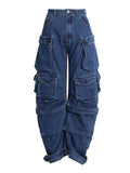Women's High Street Retro Hip-hop Wide-leg Jeans Solid Color Multi-pocket Loose Pants Casual Straight High-waisted Denim