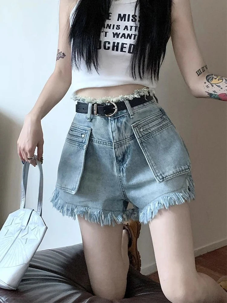 Streetwear Tassel Belt Denim Shorts
