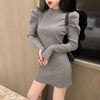 Korean Slim Fit Puff Sleeve Turtleneck Mini Dress