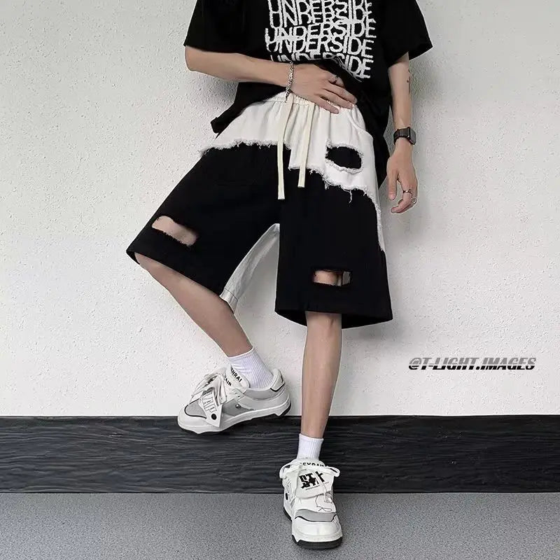 Men's New Loose Casual Straight Five-point Design Spliced burr Ripped Shorts