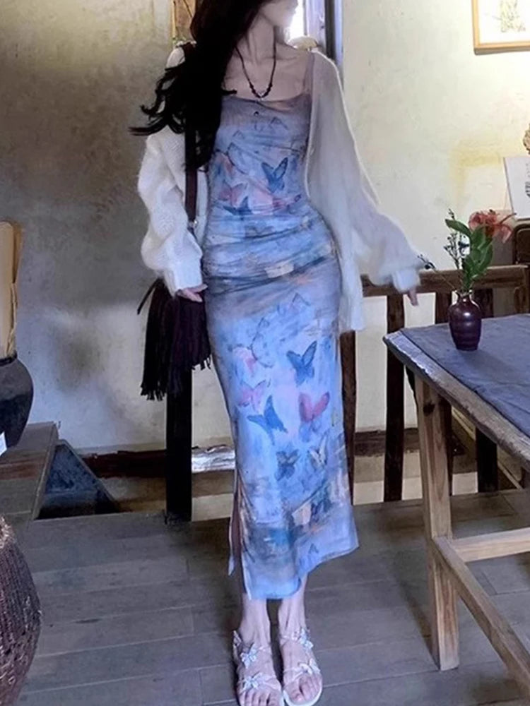 Butterfly Print Maxi Dress Summer Sleeveless Partywear