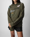 Army Green Flowers Skull Wings Pocket Fleece Pullover Sweatshirt