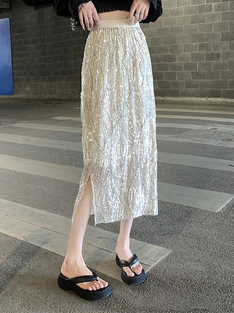 High Waist Design Slit Bright Silk Skirt