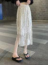 High Waist Design Slit Bright Silk Skirt