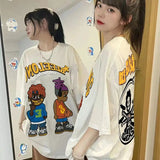 Y2K Hip Hop Style: Letter-Printed T-Shirt with Cartoon Graphics