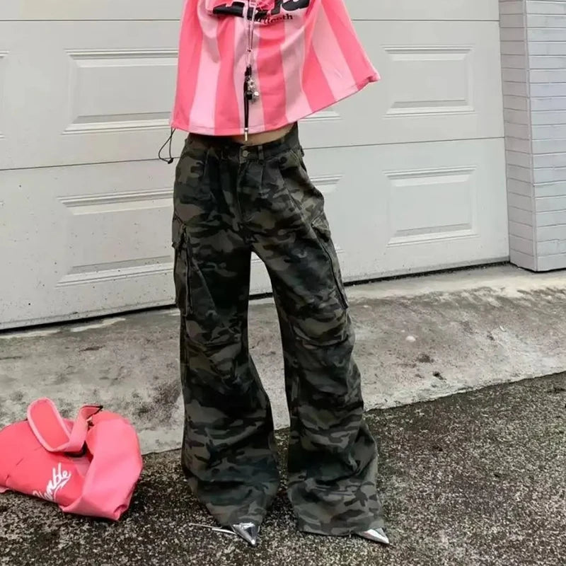 Women Y2K Camouflage Cargo Jeans Vintage High Waist Hip Hop
