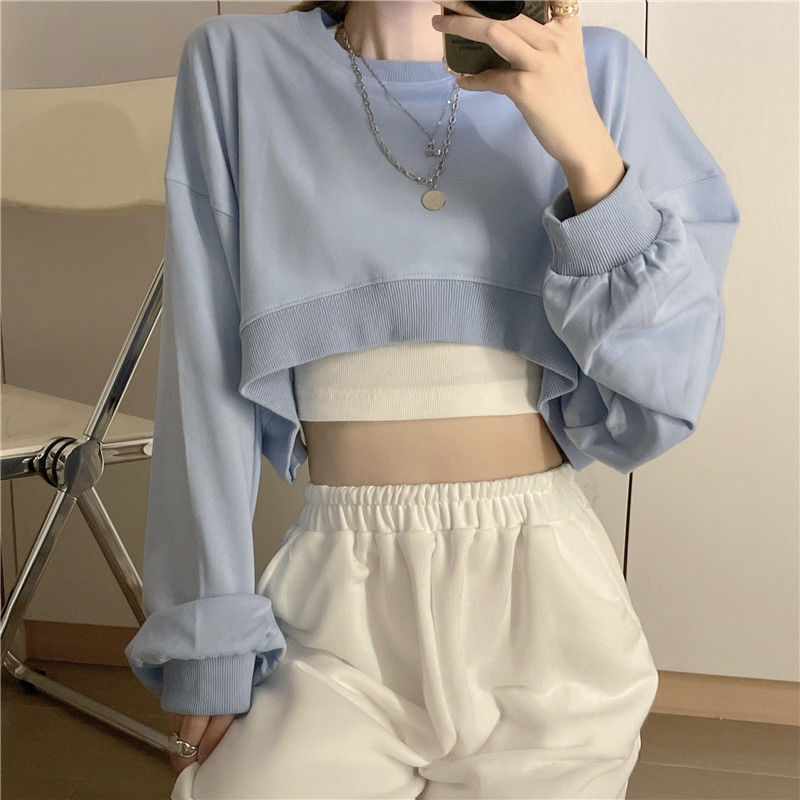 Y2k Streetwear Solid Crop Sweatshirt Harajuku Long Sleeve