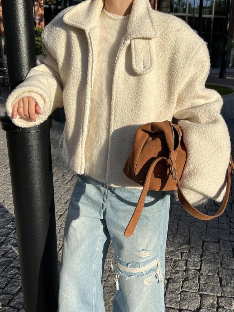 Zipper Lamb Wool Jacket For Women Chic Lapel