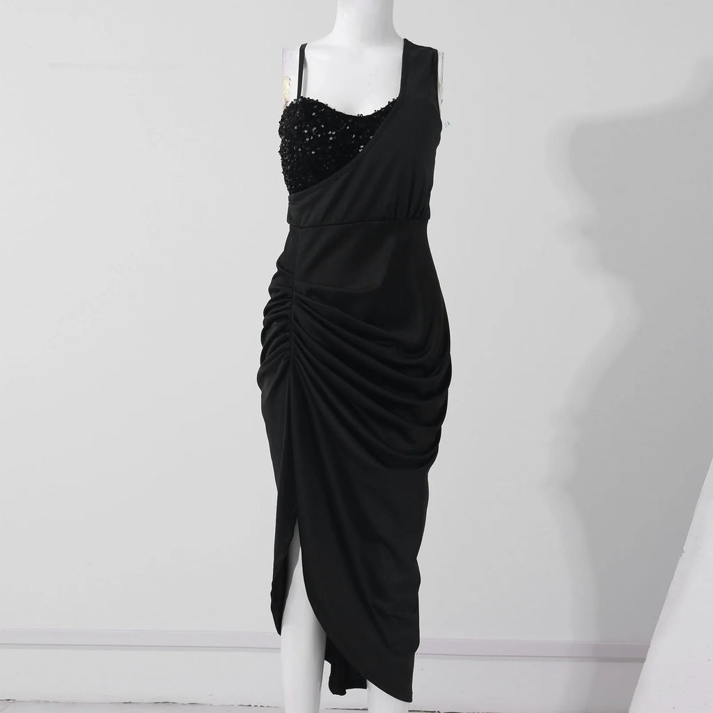 2024 Solid Color Sexy Sequin Slit Maxi Smocked One Shoulder Evening Dress Luxuries Elegant
