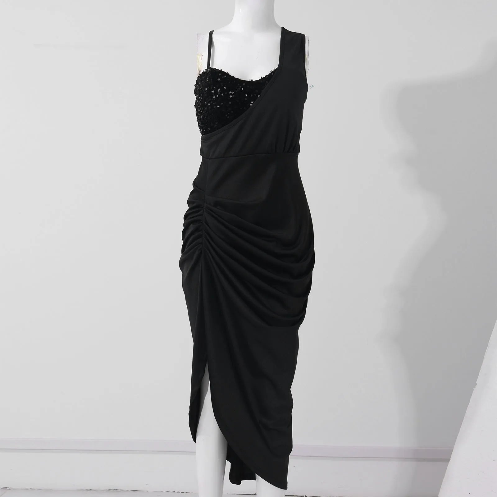 2024 Solid Color Sexy Sequin Slit Maxi Smocked One Shoulder Evening Dress Luxuries Elegant
