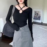 Lace Up T Shirt Women Long Sleeve Black Crop Tops Y2k Vintage