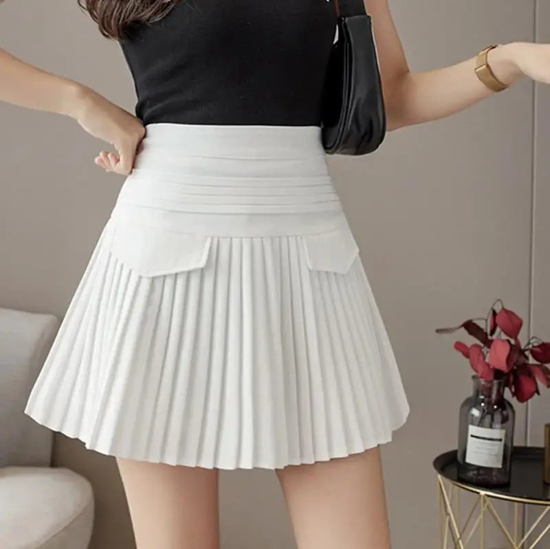 Women's White Pleated Mini Skirt High Waist A-Line