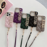 Luxury Rhomb Leather Custom Name Metal Letters Lanyard Phone Case  For iPhone