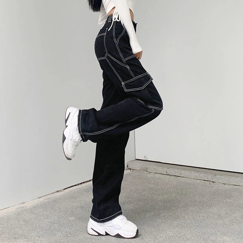 Washed Patchwork Denim Loose Cargo Pants For Women Streetwear