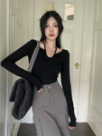 Lace Up T Shirt Women Long Sleeve Black Crop Tops Y2k Vintage