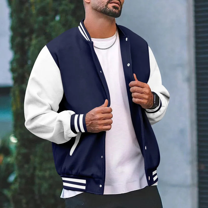 Mode Bomber Jacke Fleece Männer Rib Ärmel Baumwolle Casual Baseball Uniform Kragen 