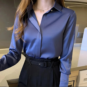 Satin Women Shirt Vintage Long Sleeve Blouse