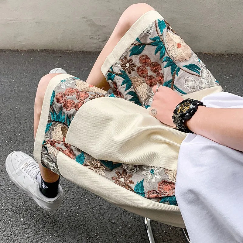 Vintage Embroidered Floral Shorts Men's Summer Casual Five-part Pants Hip-hop Male