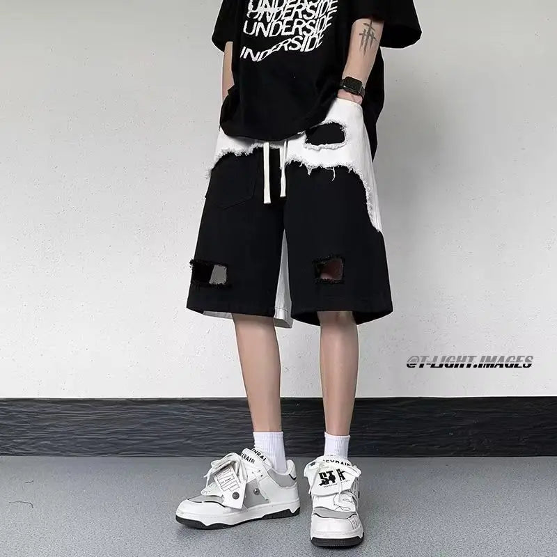 Men's New Loose Casual Straight Five-point Design Spliced burr Ripped Shorts