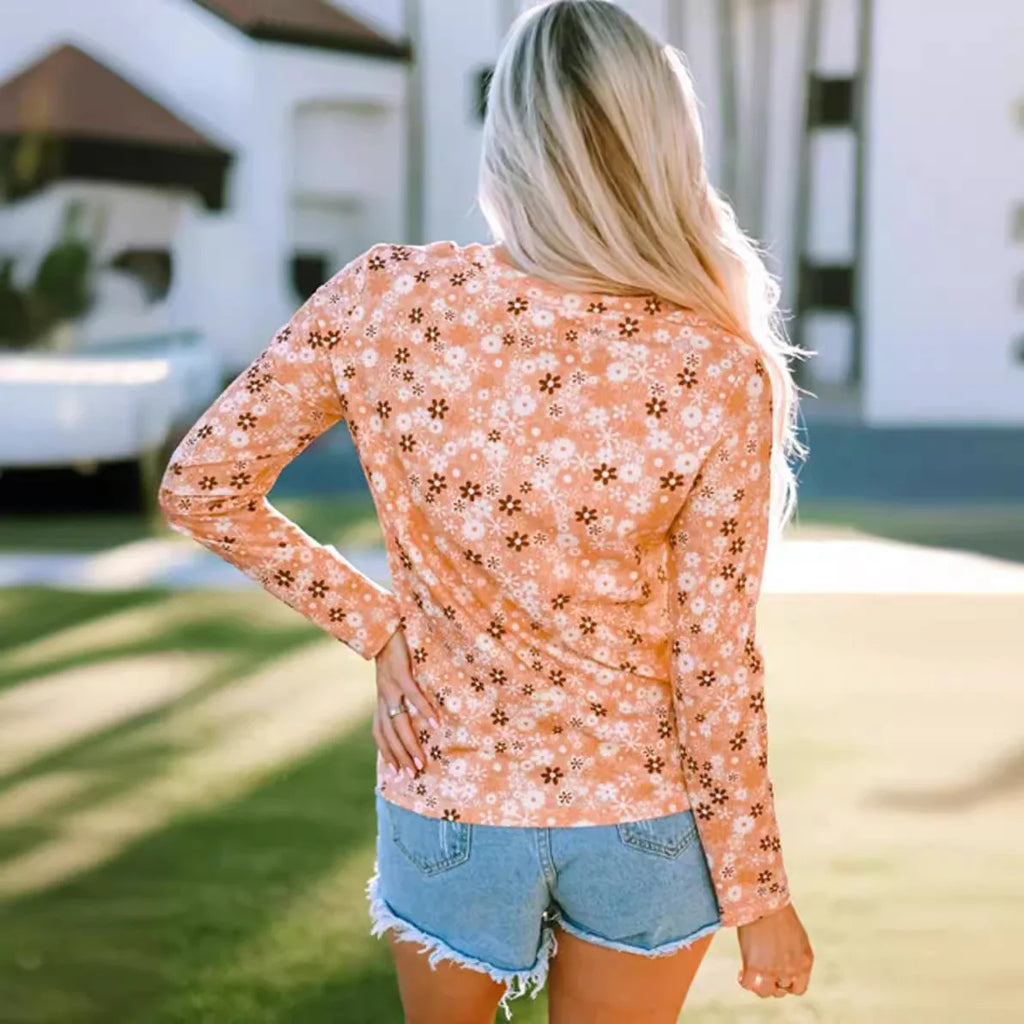 Women's Fashion Yellow Floral Print Long Sleeve Tops Casual Round Neck