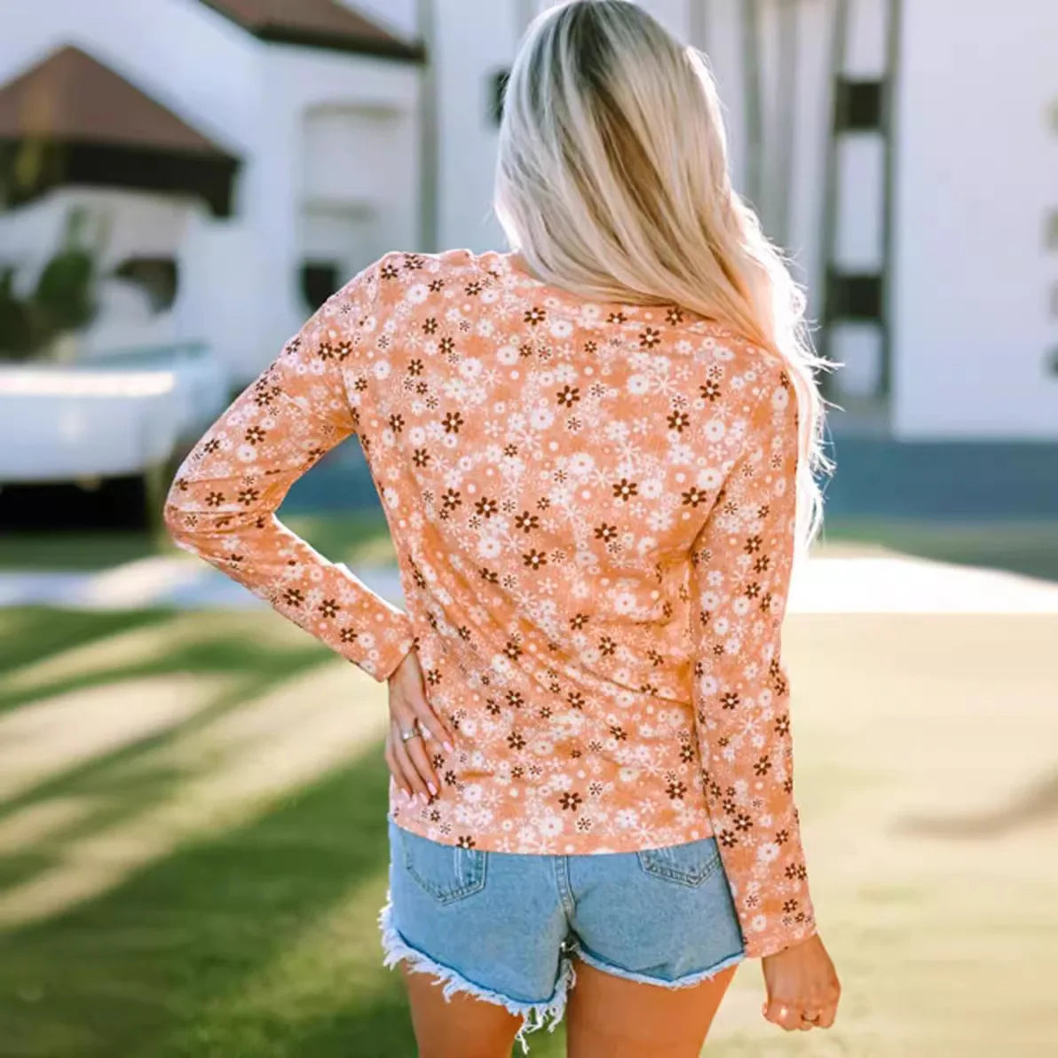 Women's Fashion Yellow Floral Print Long Sleeve Tops Casual Round Neck