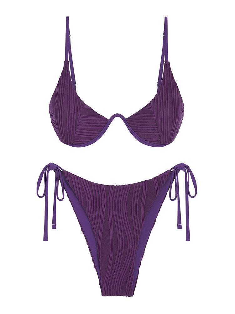 Low Waisted Two Piece Underwire Bikini Women's Ribbed Tie Side Swimwear