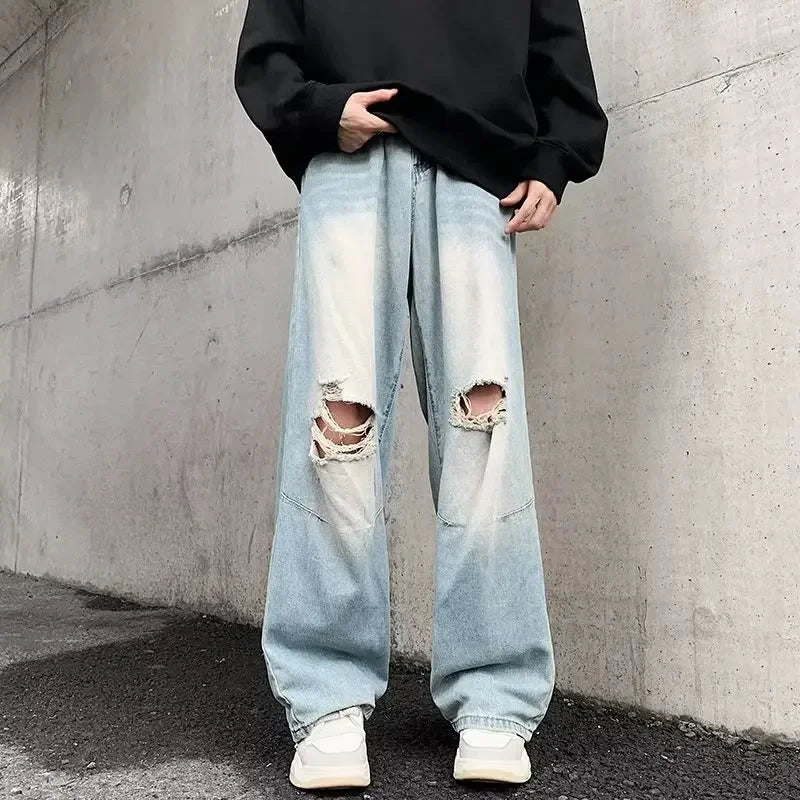 Vintage Jeans Für Männer Lose Fit Gerade Bein Hip Hop Breite Bein Zerrissene Punk 
