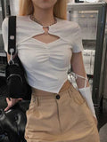 Harajuku Hollow Out Slim Korean Style Above Navel Cropped Top