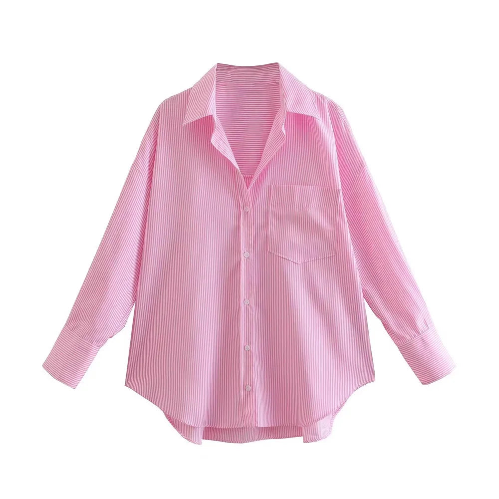 Striped Loose Shirts With Pocket for Women