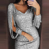 2024 Sequin Skinny Dress Women Sexy Tassel Sleeves V Neck Club Mini Dress Elegant