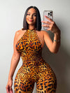 Weird Puss Backless Romper Women Halter Bandage Leopard Print Fit Tight Stretch