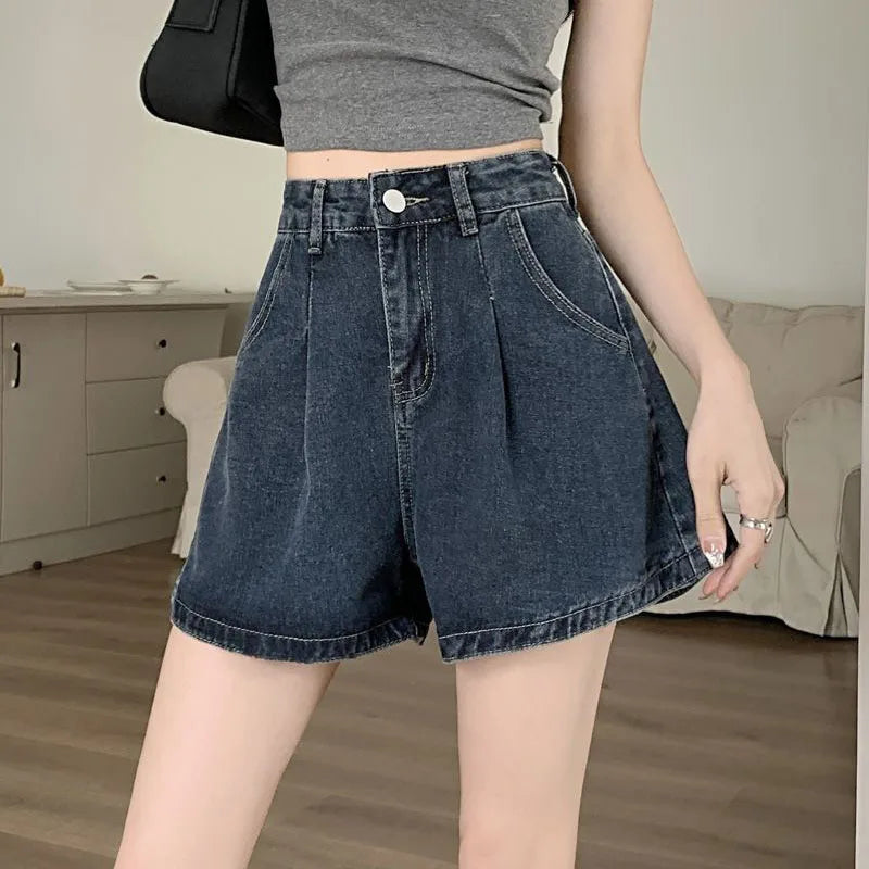 Wide Leg High-Waist Denim Shorts Women Vintage A-Line