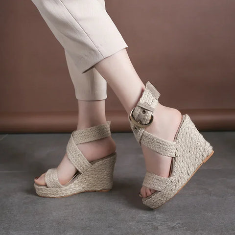 2024 Woven Buckle Strap Wedge Sandals: Stylish and Comfortable Platform Heels for Women
