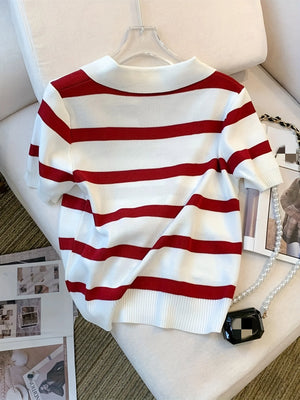 Women’s Striped Collared Sweater Short Sleeve Crop Top