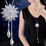 Vintage Fashion Crystal Snowflake Pendant Necklace for Women Zircon Flower Long Sweater