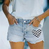 Football Plaid Heart Print Ripped Denim Shorts