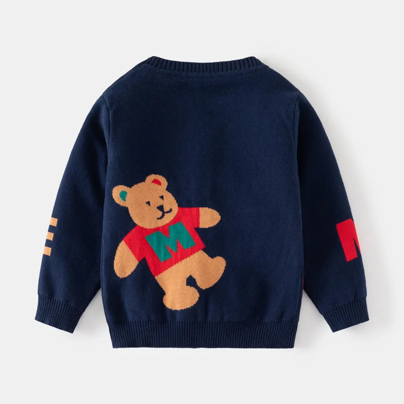 Kids V Neck Cardigan Car and Bear Pattern Winter Sweater