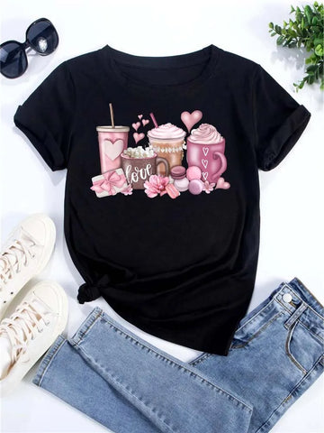 Maycaur Women's Oversized T-shirt Tee Korean Fashion Coffee Cup Print