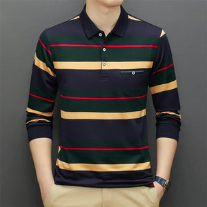 New Men's Casual Stripe Plaid Long Sleeve Polo Shirt