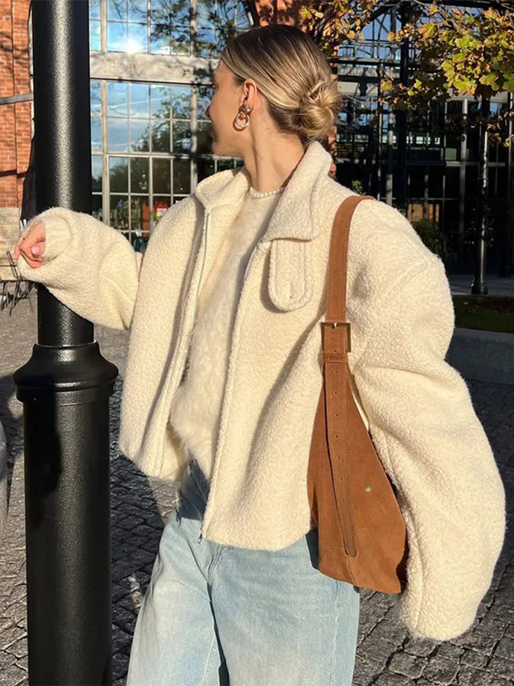 Zipper Lamb Wool Jacket For Women Chic Lapel