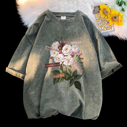 Men's T-Shirt Gothic Floral Print Short Sleeve Round Neck Top 100% Cotton Fabric
