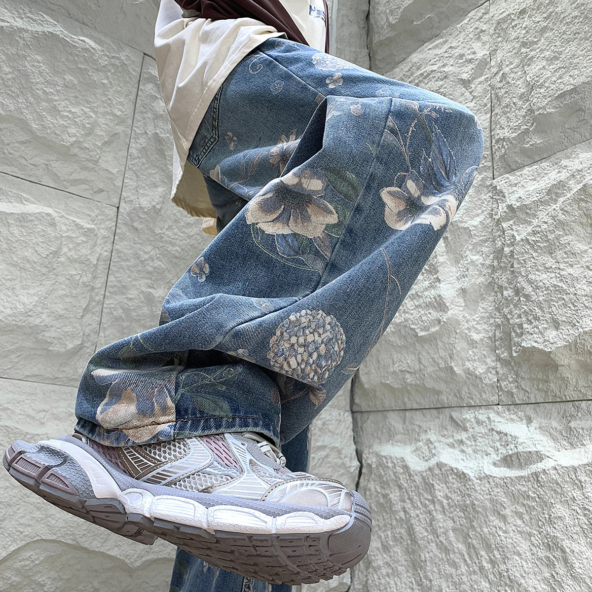 Mens Fashion Printed Jeans Floral Denim Mopping Trousers High Street