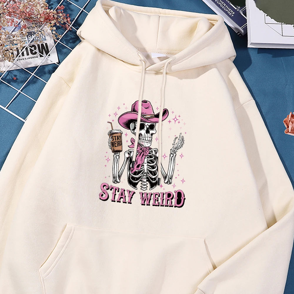 Pink Hat Skull Print Stay Weird Letter Man Hoodies Soft Fleece