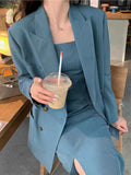 Elegant Women's Summer Blazer Dress Suit: Casual Jacket & Spaghetti Strap Midi Vestidos