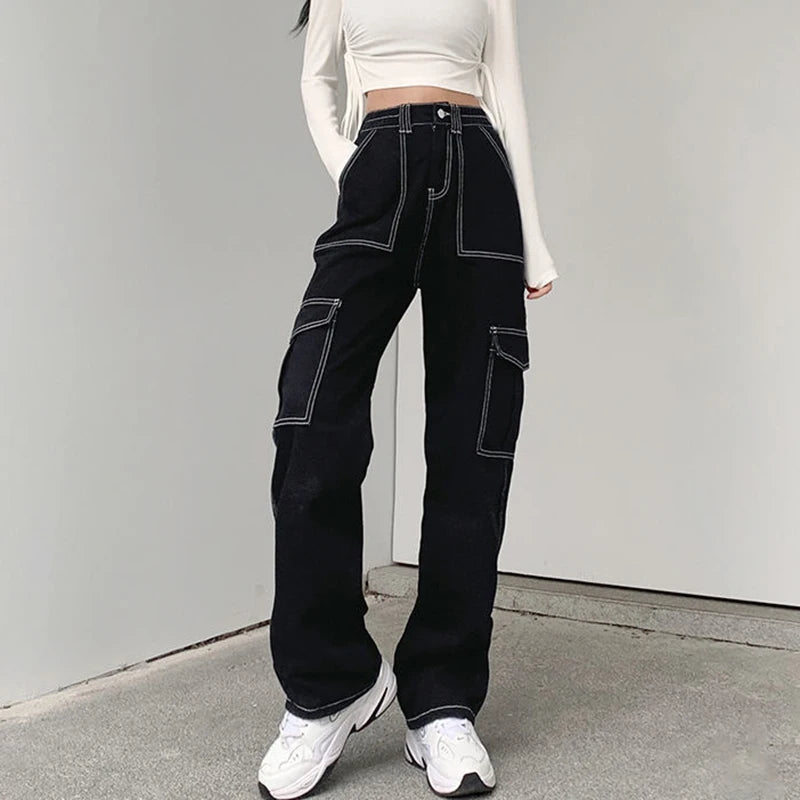 Washed Patchwork Denim Loose Cargo Pants For Women Streetwear