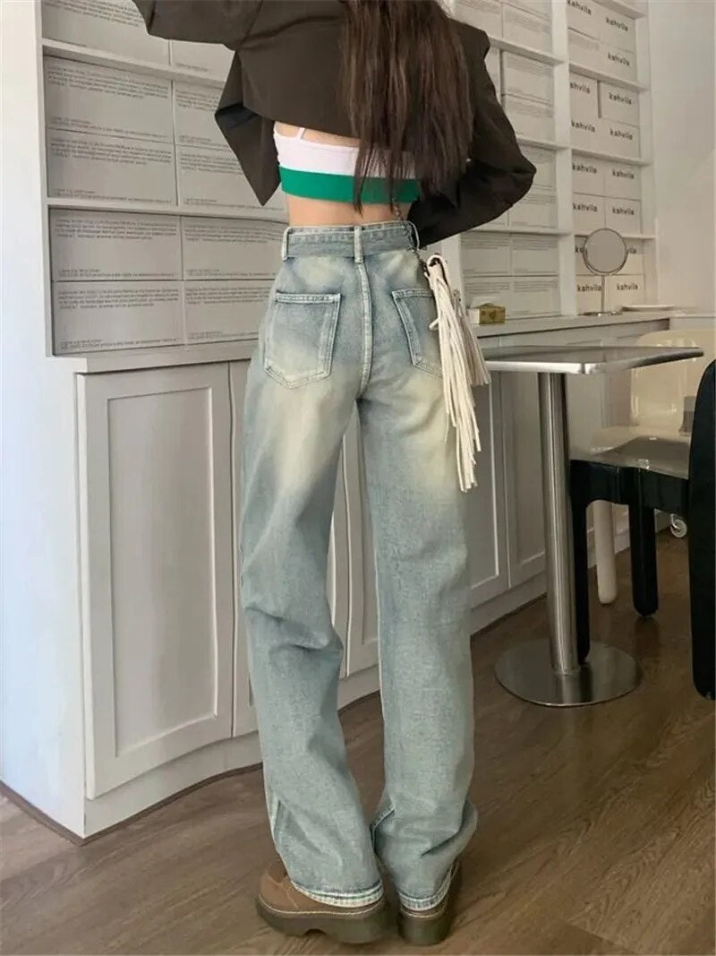 Vintage High Waisted Denim Pants with Cross Band Design - Classic and Trendy 90s Style