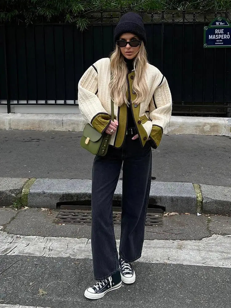 2024 Women Chic Contrast Patchwork Jacket Elegant Lady Chic Outwear