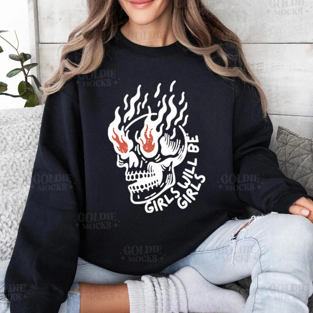 Girls Will Be Girls Womens Clothing Skull Vintage Graphic Hoodie